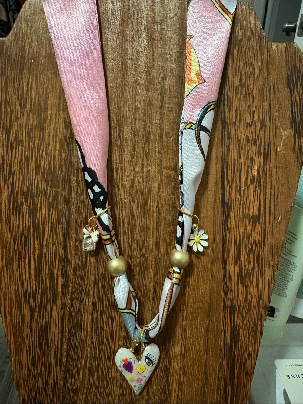 Pink Silky tie Necklace with Heart Pendant and charms